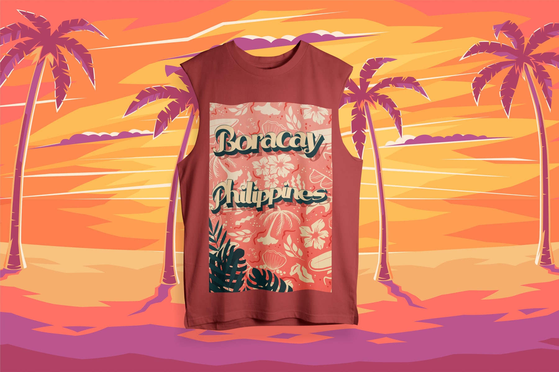 Boracay destination apparel artwork and tank-top mockup — view 1